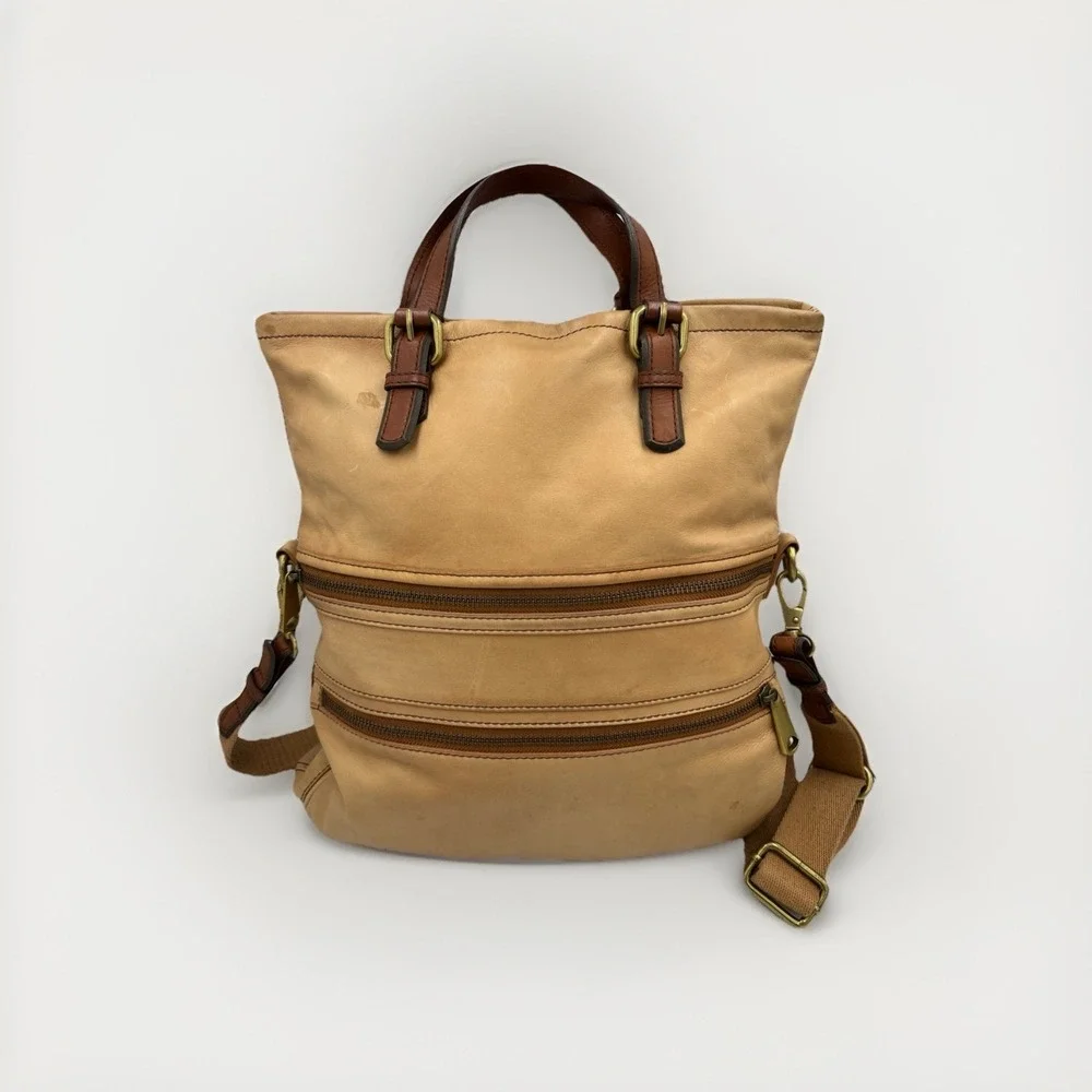 Fossil Explorer‎ Fold-Over Leather Crossbody Messenger Shoulder Bag Tote Tan